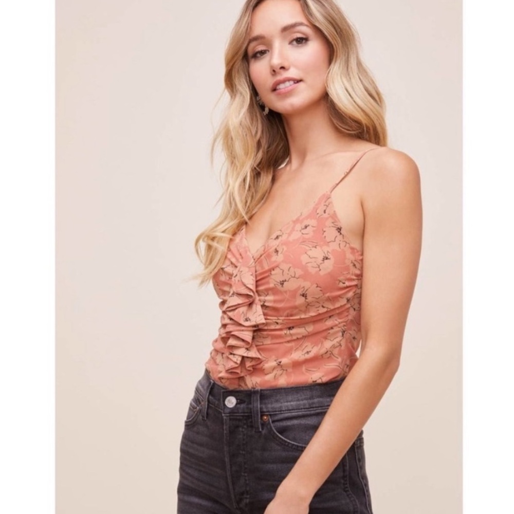 ASTR THE LABEL shirred clay floral silk tank top, fully adjustable, with zipper